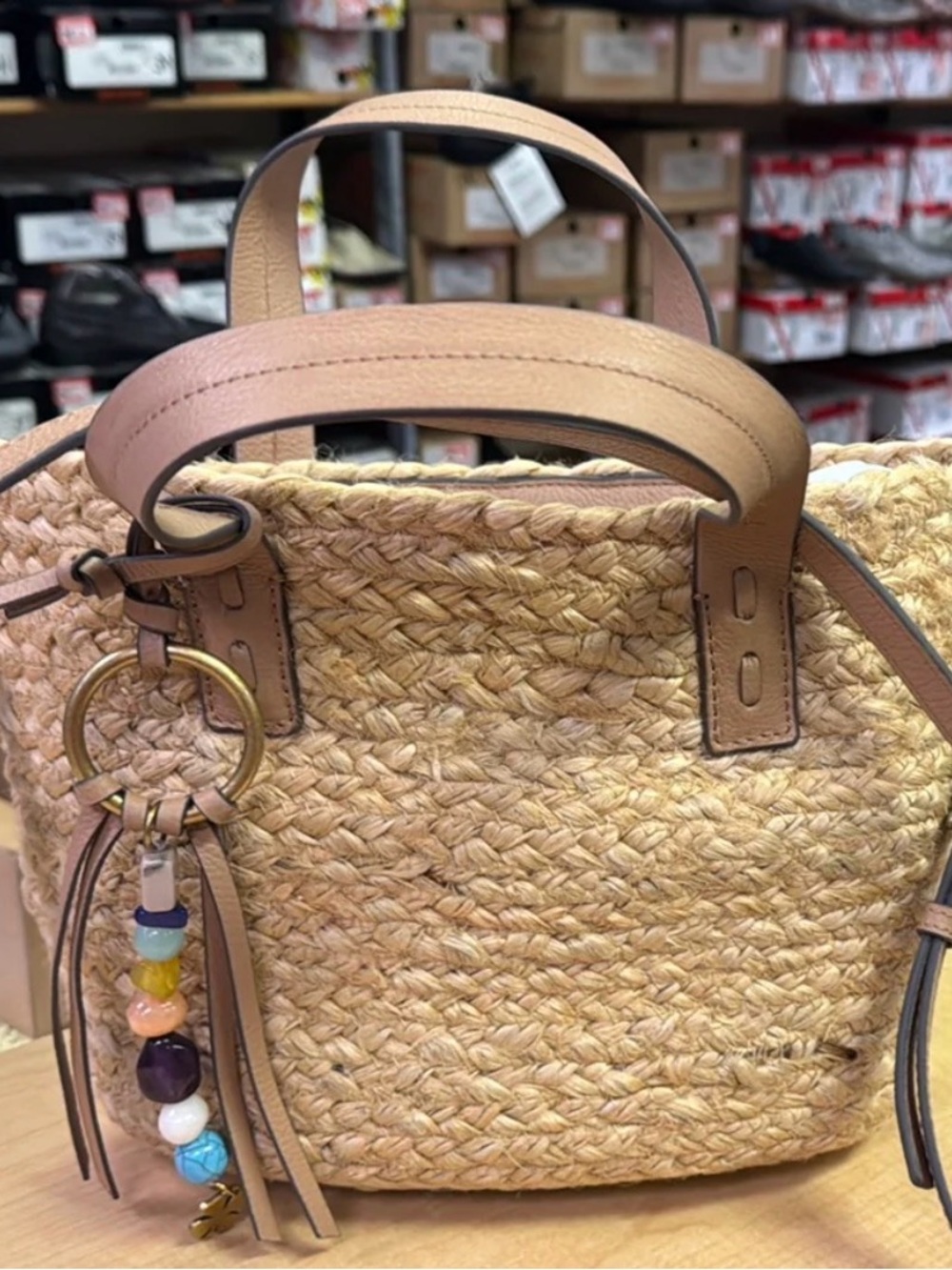 Lucky Brand Jute Crossbody with Tan Leather Trim and Multicolor Bead Charm